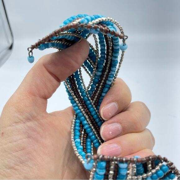 Teal & Brown Beaded Stretch Bracelet Cuff Twisted Boho - Picture 2 of 6